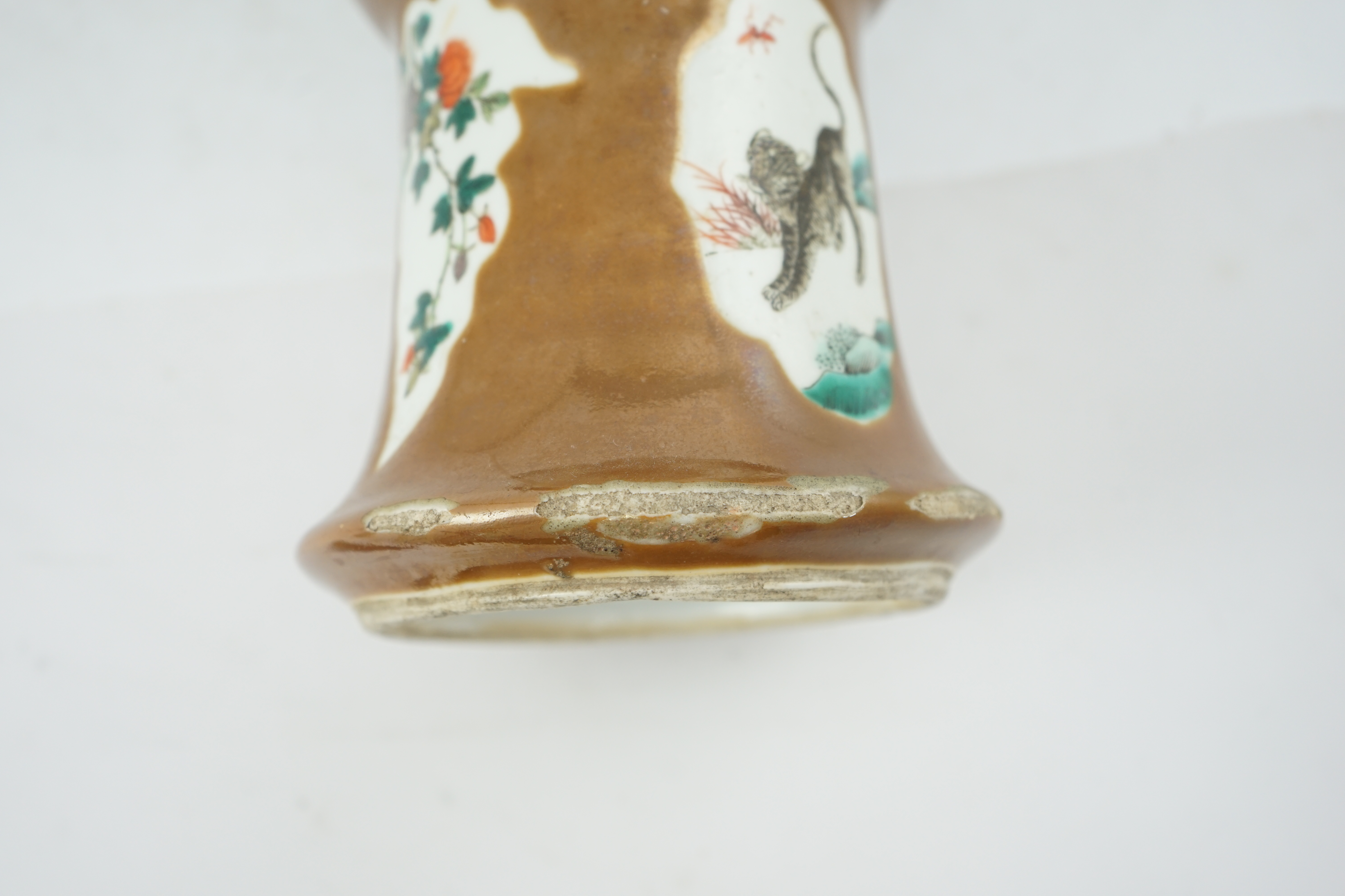 A Chinese cafe-au-lait ground beaker vase, gu, 19th century